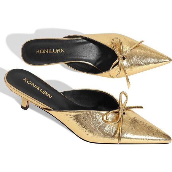 RONILURN Kitten Heel Gold Faux Leather Women Pumps Bow Closed Toe Pointed Toe - Picture 3 of 8